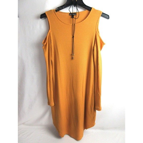 Kristin Nicole Women's L Dress Mustard Cold Shoulder Above Knee Bodycon Waffle - Picture 2 of 4